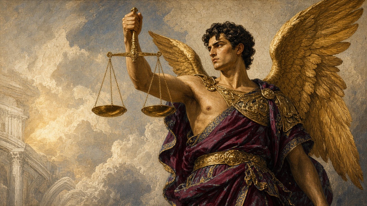 Kairos, the winged god of the opportune moment, in royal blue and gold armor